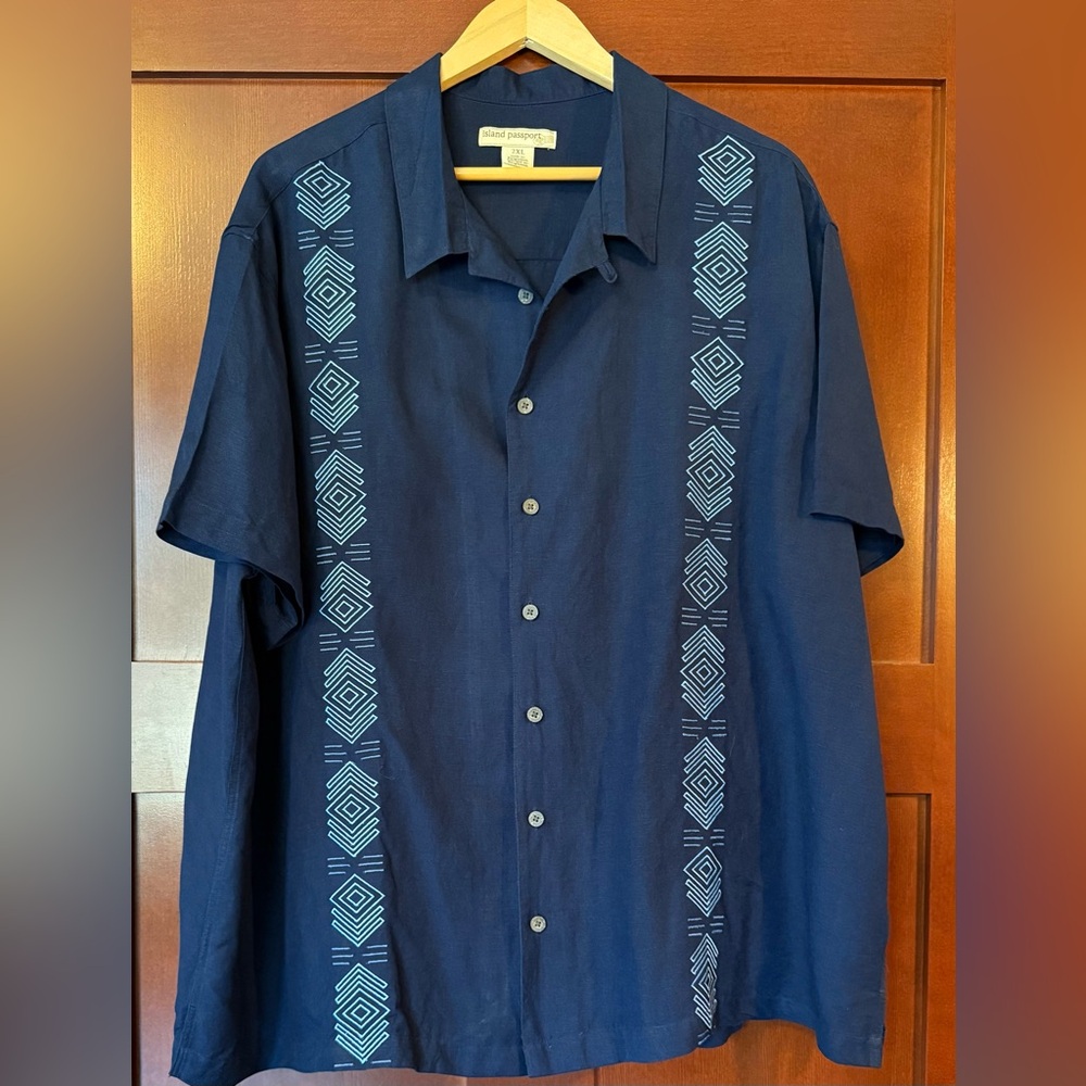 Passport Navy Blue Men's Casual Linen Shirt With Embroidered Front Design